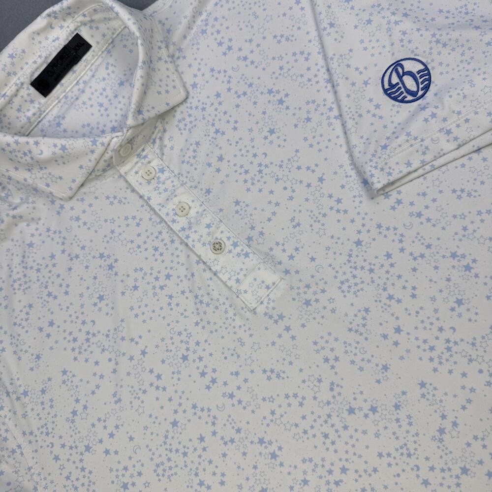 G/FORE Polo Shirt Mens 2XL White Star Print Golf Performance Stretch Celestial